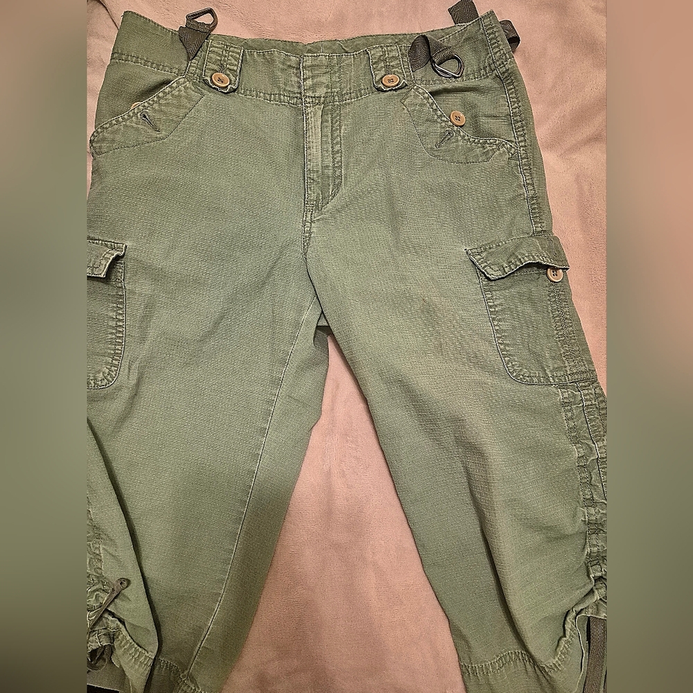 Olive Green Flap Cotton Cargo Pants Cropped Utility Capris with D-Rings
